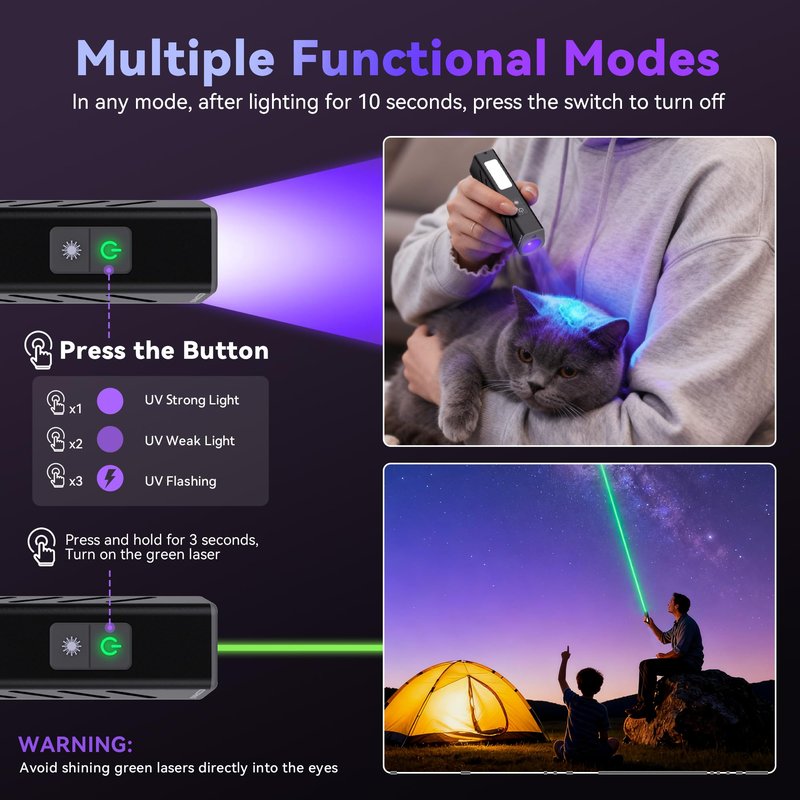 365nm UV Flashlight, EDC Rechargeable Flashlight with Black Light, Green Laser Pointer, Side Lights, 3 in 1 Mini Portable for Pet Urine Detection, Stains Detection, Cure Resin, Scorpion Detector 2Pack