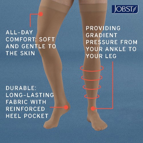 JOBST Relief Thigh High Graduated Compression Stockings 15-20mmHg - Comfortable Unisex Design with Silicone Dot Band - Open Toe, Beige, Large