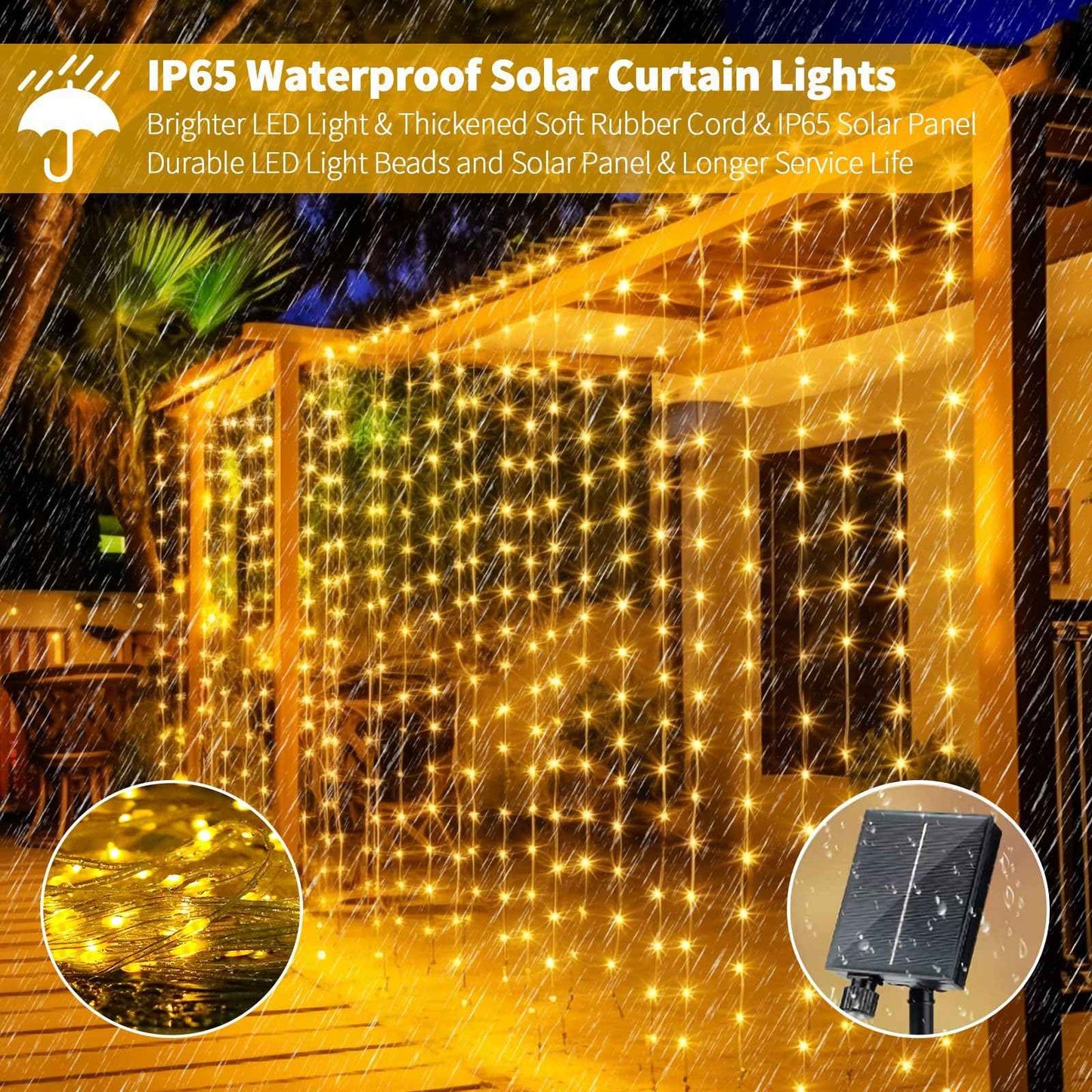 300LED Solar Curtain Lights Waterproof, 10Ft x 10Ft Twinkle Curtain String Fairy Light with Remote Control, 8 Modes, Warm White Solar Hanging Waterfall Lights for Outdoor Backdrop Gazebo Wall Xmas