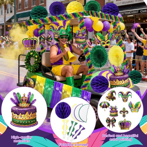 Norme 41 Pcs Mardi Gras Parade Golf Cart Decoration, Float Mask Cutout Foil Fringe Curtains Garland Paper Pompoms Hanging Fan Swirls Purple Green Gold Decor for New Orleans Mardi Gras Party Decoration