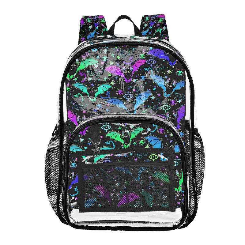 PJGINUIUA Psychedelic Bats Print Clear Backpack Lightweight Large Capacity See Through Bookbag Transparent Daypack Bag, 12L
