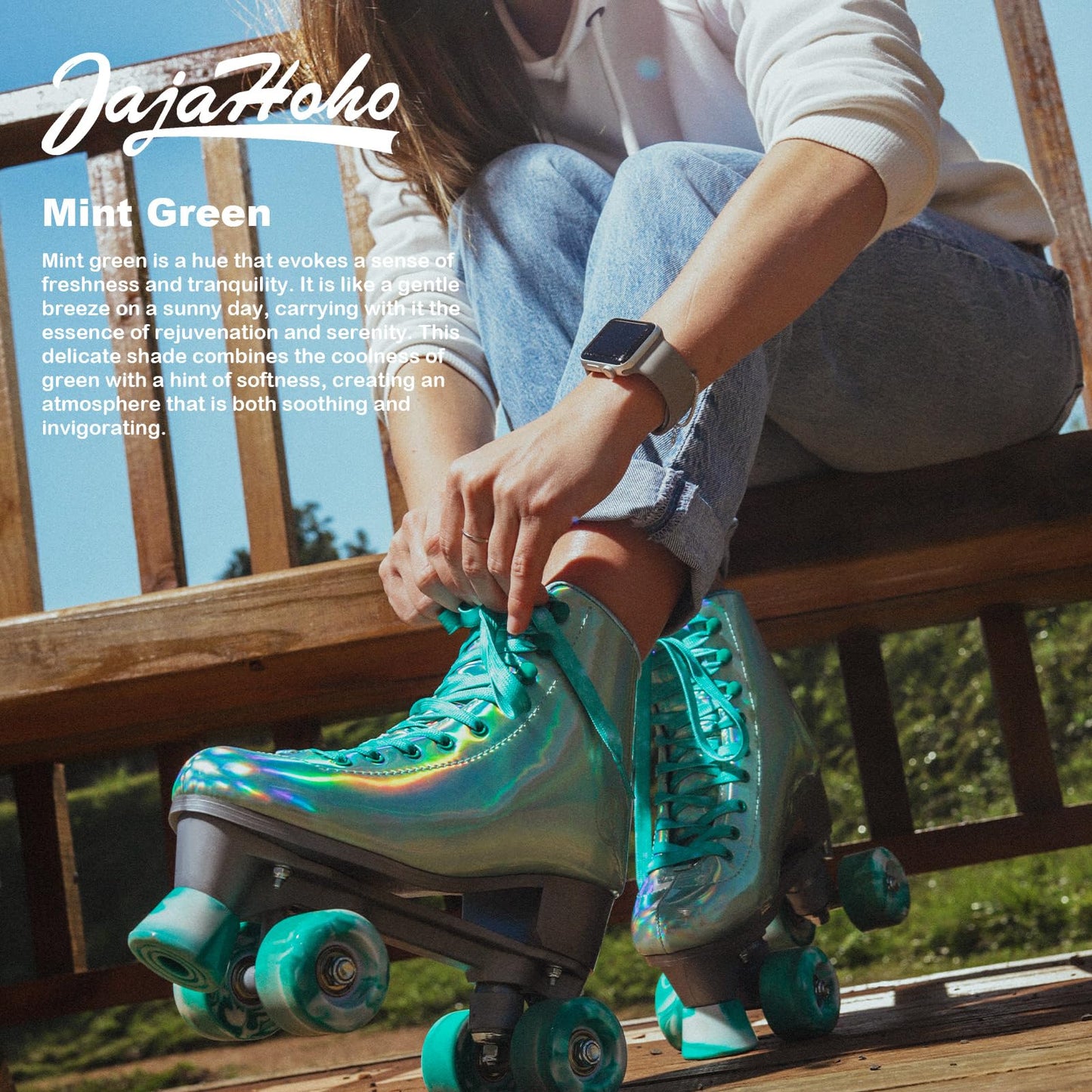 JajaHoho Roller Skates for Women, Shiny Holographic High Top Rollerskates, Double-Row Four Mixture Gradient Wheels Quad Skates for Girls Age 8-50 Indoor Outdoor (Size 8, Mint Green)