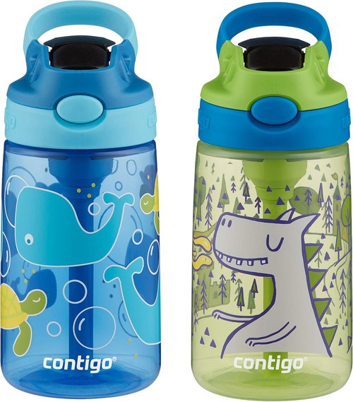 Contigo Aubrey Kids Water Bottle - Spill Proof Silicone Straw | 14oz, 2-Pack, Whales & Dragons