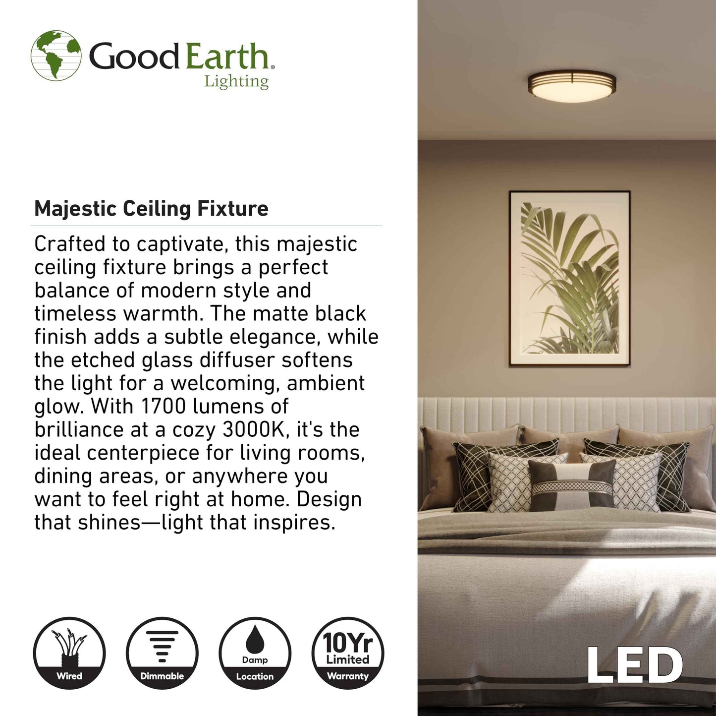 Good Earth Lighting Majestic 14-in LED Ceiling Fixture, 1700 Lumens, Dimmable, Matte Black