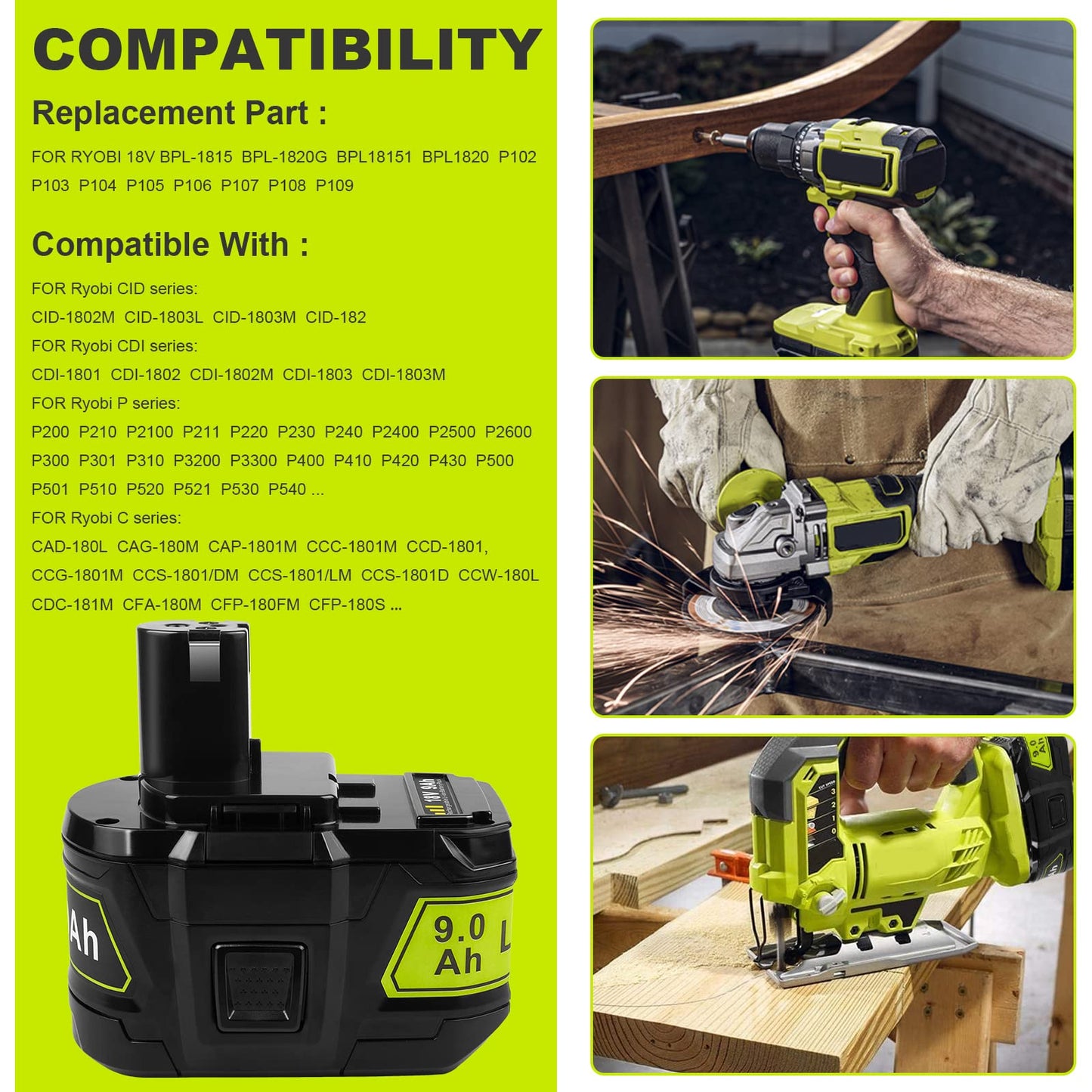 Futurebatt 2Pack High Capacity 9.0Ah Replacement Battery P109 for Ryobi ONE+ P102 P103 P104 P105 P107 P108 P109 P122 18 Volt Tools Battery