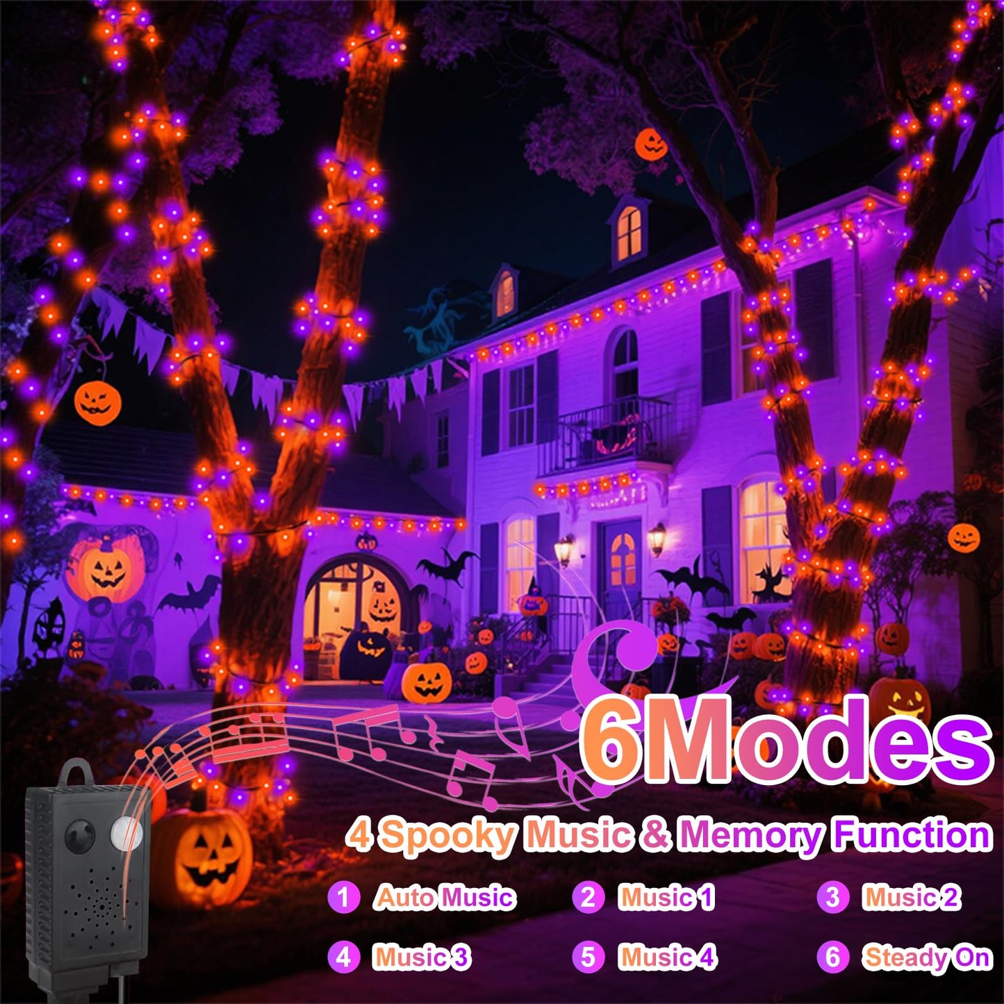 Connectable 400 LED Halloween String Lights, Motion Sensor Scary Sound 66Ft Orange and Purple Halloween Lights Outdoor Waterproof 4 Sound Effects for Yard Party Tree Decor