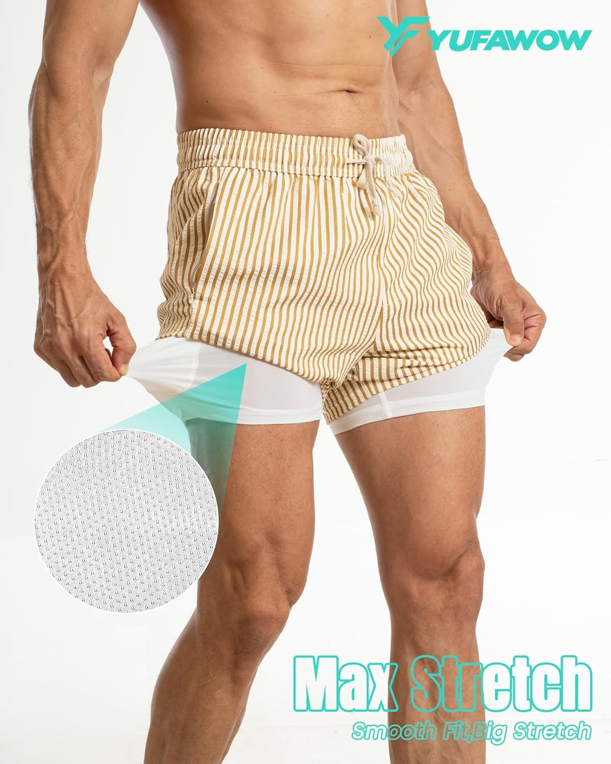 Skiennix 2-in-1 Seersucker Men’s Swim Trunks - Quick Dry with Compression Liner & Zipper Pockets | 7 Inches
