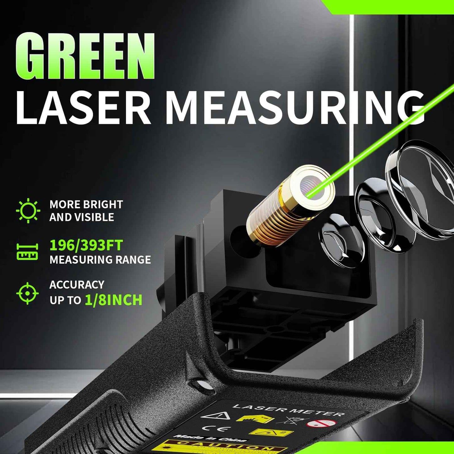 Green Laser Distance Meter 196ft – USB Rechargeable Digital Laser Measure with Angle Sensor, Backlit LCD, Area/Volume/Pythagorean, ±3mm Accuracy, Electronic Measuring Tool for Construction & DIY