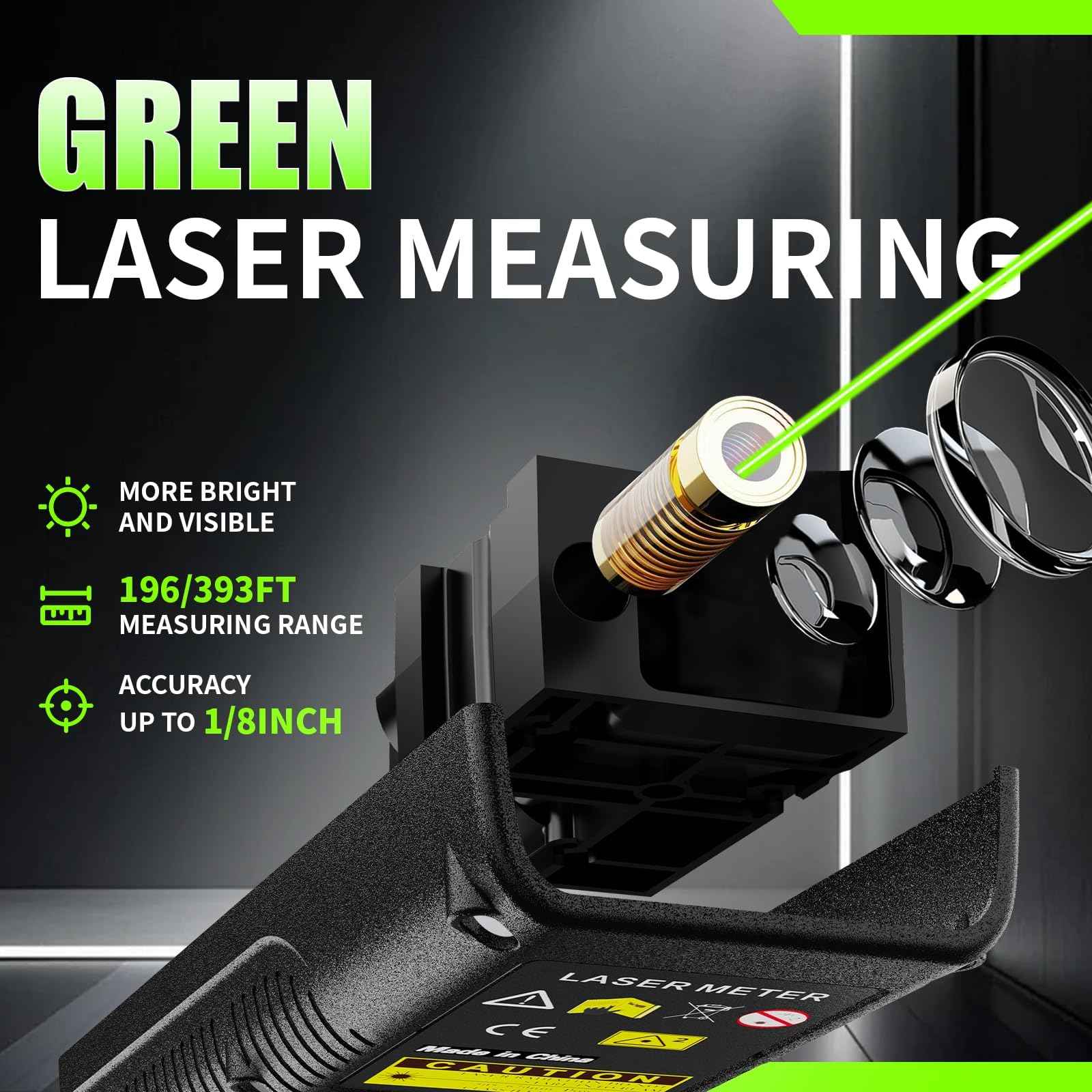 Green Laser Distance Meter 196ft – USB Rechargeable Digital Laser Measure with Angle Sensor, Backlit LCD, Area/Volume/Pythagorean, ±3mm Accuracy, Electronic Measuring Tool for Construction & DIY