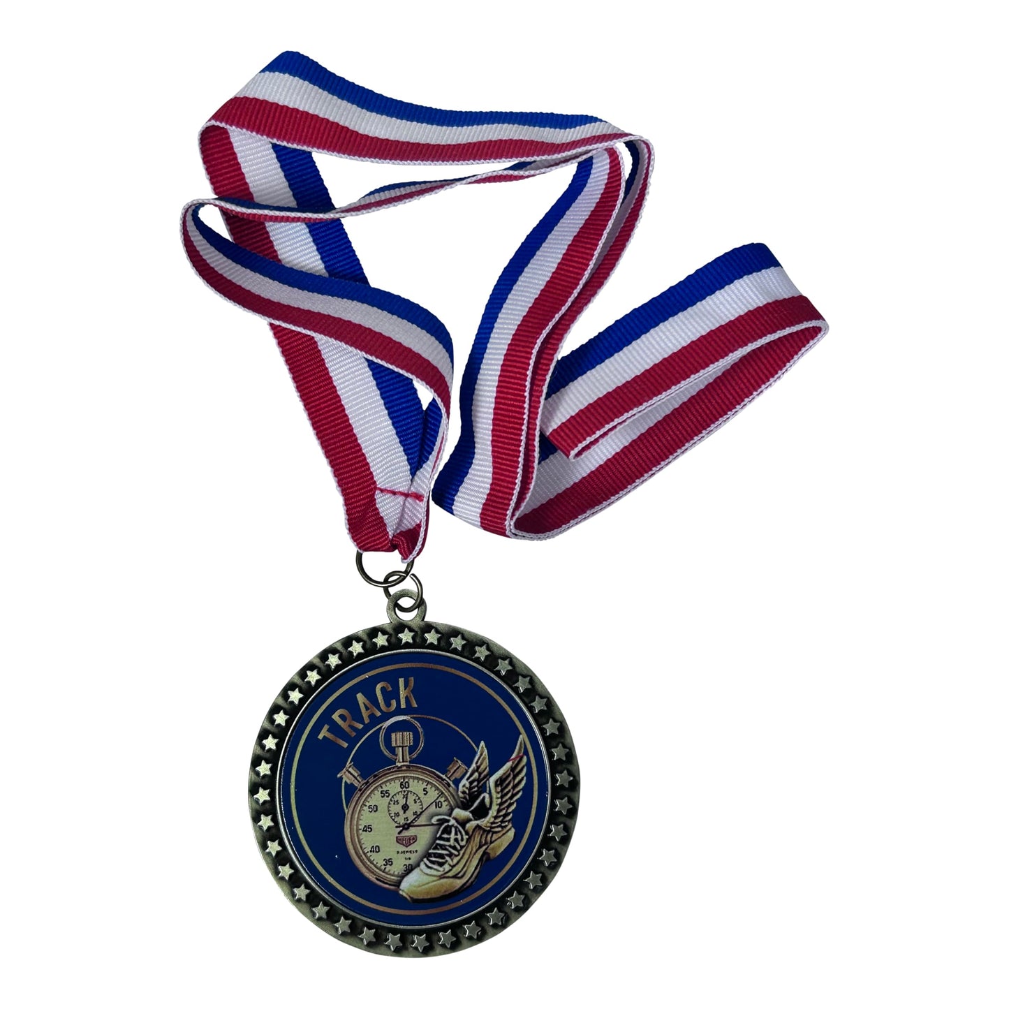 2-1/2 Inch Die-Cast Metal Track Award Medal with Antique Gold Finish and Red White and Blue Neck Ribbon Trophy Medals Awards (Pack of 1)