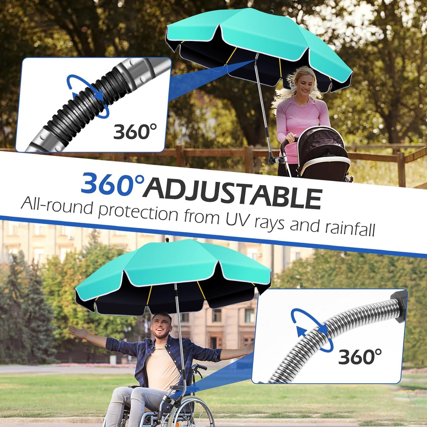 Skiennix 48.8-Inch Large Beach Umbrella - 360° Adjustable UV Protection with Clamp for Outdoor Use