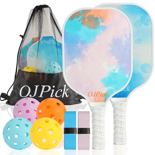 Pickleball Paddles Set of 2, Fiberglass Surface Pickleball Set -2 Paddles, 4 Pickleball Balls, 1 Mesh Backpack, 2 Tape, Pickleball Paddles Set for Men Women (White)