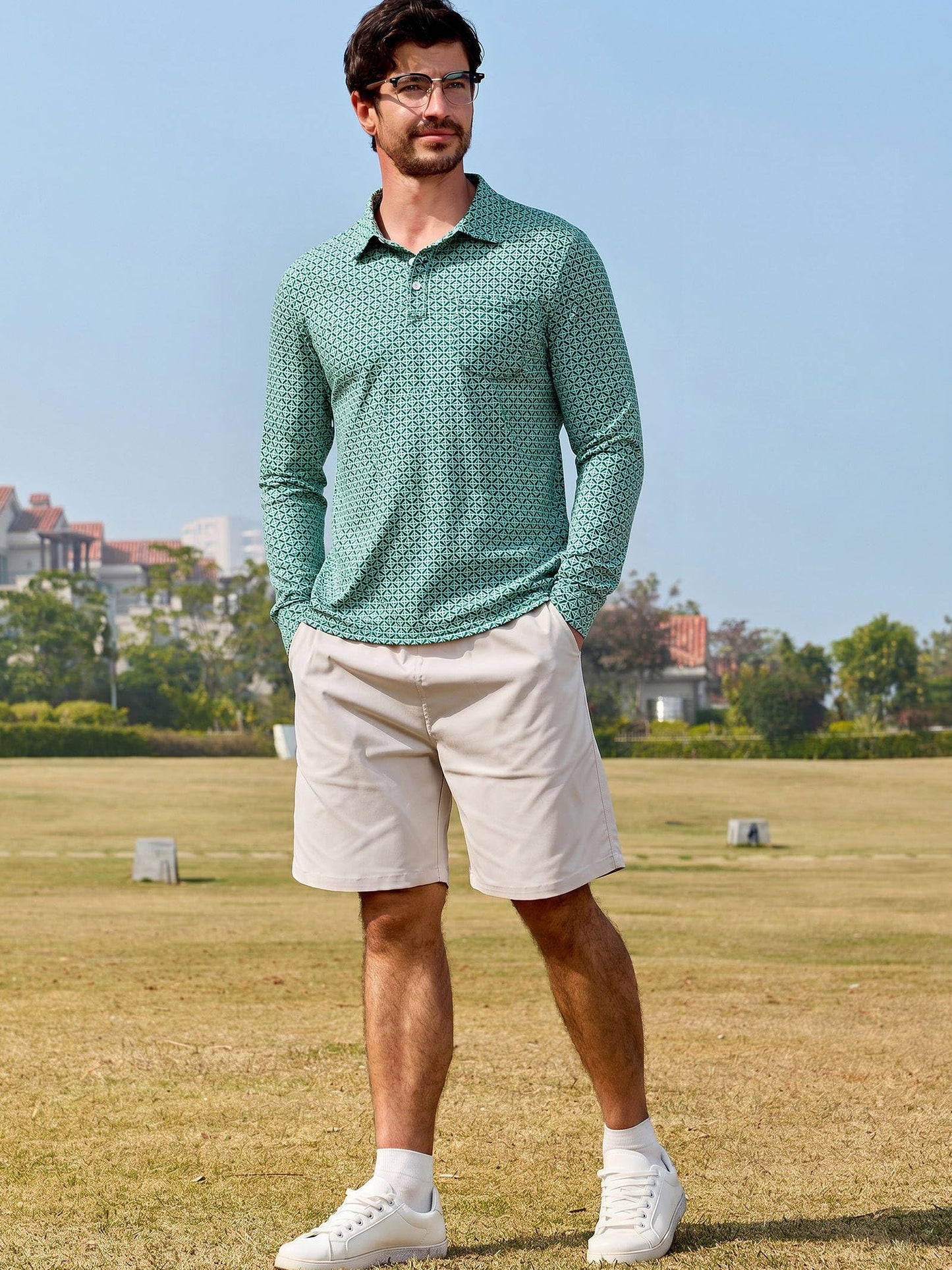 Lexiart Mens Golf Shirt Long Sleeve Slim Fit Quick-Dry Moisture Wicking Performance Print Patterns Polo with Pocket