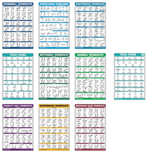 QuickFit 10 Pack - Exercise Workout Poster Set - Yoga Volume 1 & 2, Suspension, Kettlebell, Resistance Bands, Stretching, Bodyweight, Barbell, Exercise Ball (Laminated, 18" x 24")