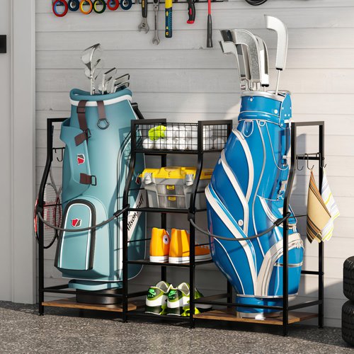 Jsskeeim Golf Bag Storage Organizer for Garage Organization, Golf Bag Stand for Golf Bag Accessories, Spacious Golf Rack for Golf Clubs & Golf Essentials, Ideal Golf Gifts for Men (Fits 2 Golf Bags)
