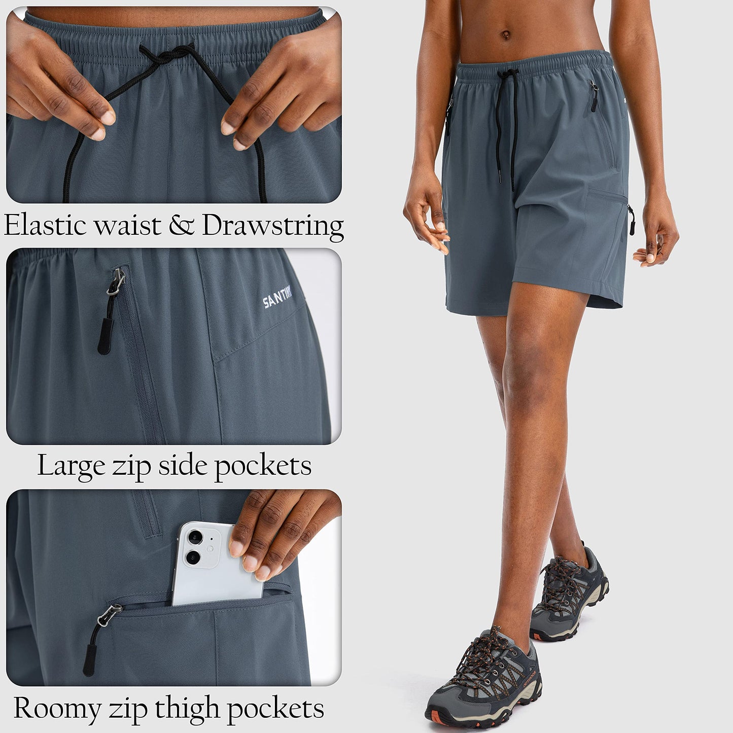 SANTINY Women's 5''/ 7''/9'' Hiking Cargo Shorts Quick Dry Lightweight Summer Shorts for Women Athletic Golf Zipper Pockets(Dusty Blue_XXL)