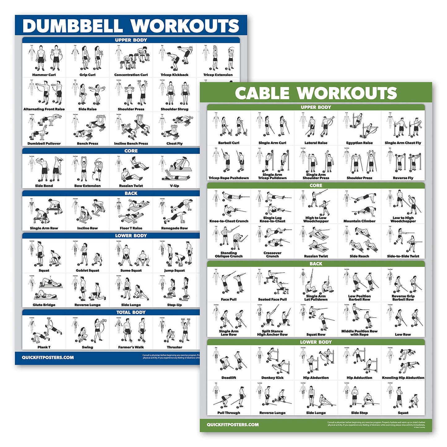 Palace Learning 2 Pack: Dumbbell Workout Poster + Cable Machine Exercise Routine - Set of 2 Workout Charts (LAMINATED, 18" x 24")