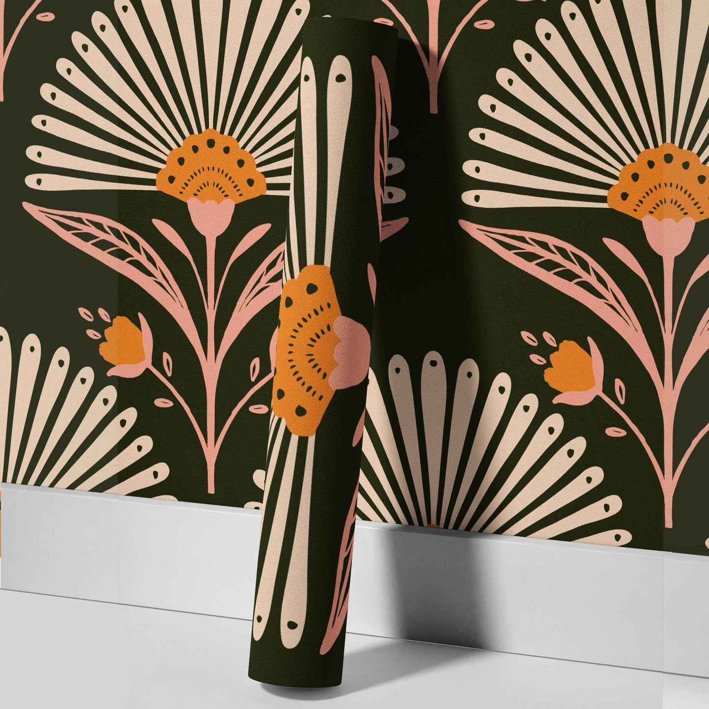 Peel and Stick Wallpaper -Blooming Fan Shaped Floral Wallpaper, Removable Contact Paper in Black Modern Design for Bathroom, Bedroom, Living Room Laundry Decor 17.7”×118”