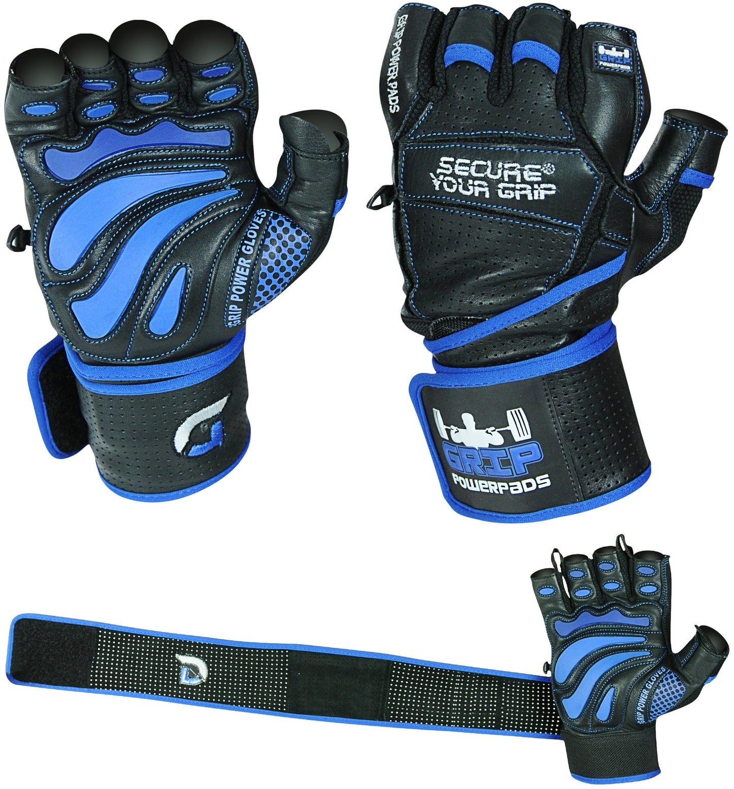 Elite Leather Gym Gloves with Built in 2" Wide Wrist Wraps Grip & Design for Weightlifting Power Lifting Bodybuilding & Strength Training Workout Exercises (Blue, Large)