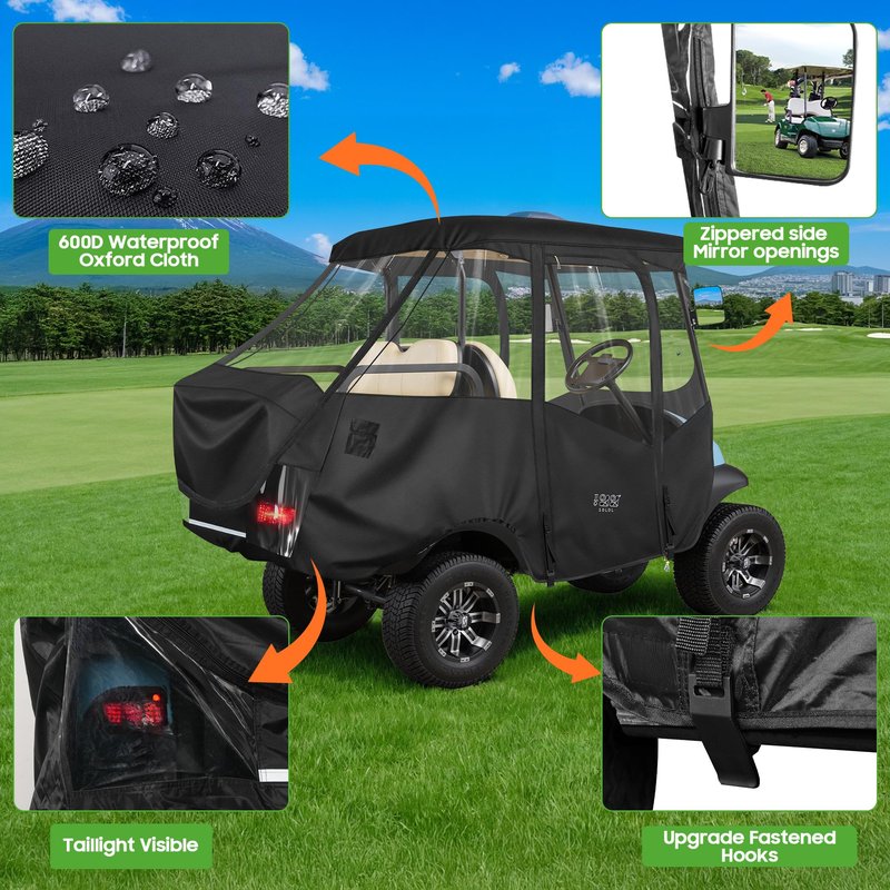 10L0L Golf Cart 4 Passenger Enclosure for Club Car Precedent Short Roof 57.5" Deluxe 600D Golf Cart Heavy Duty Rain Cover with 4 Zipped Doors Clear PVC Windows (Black)