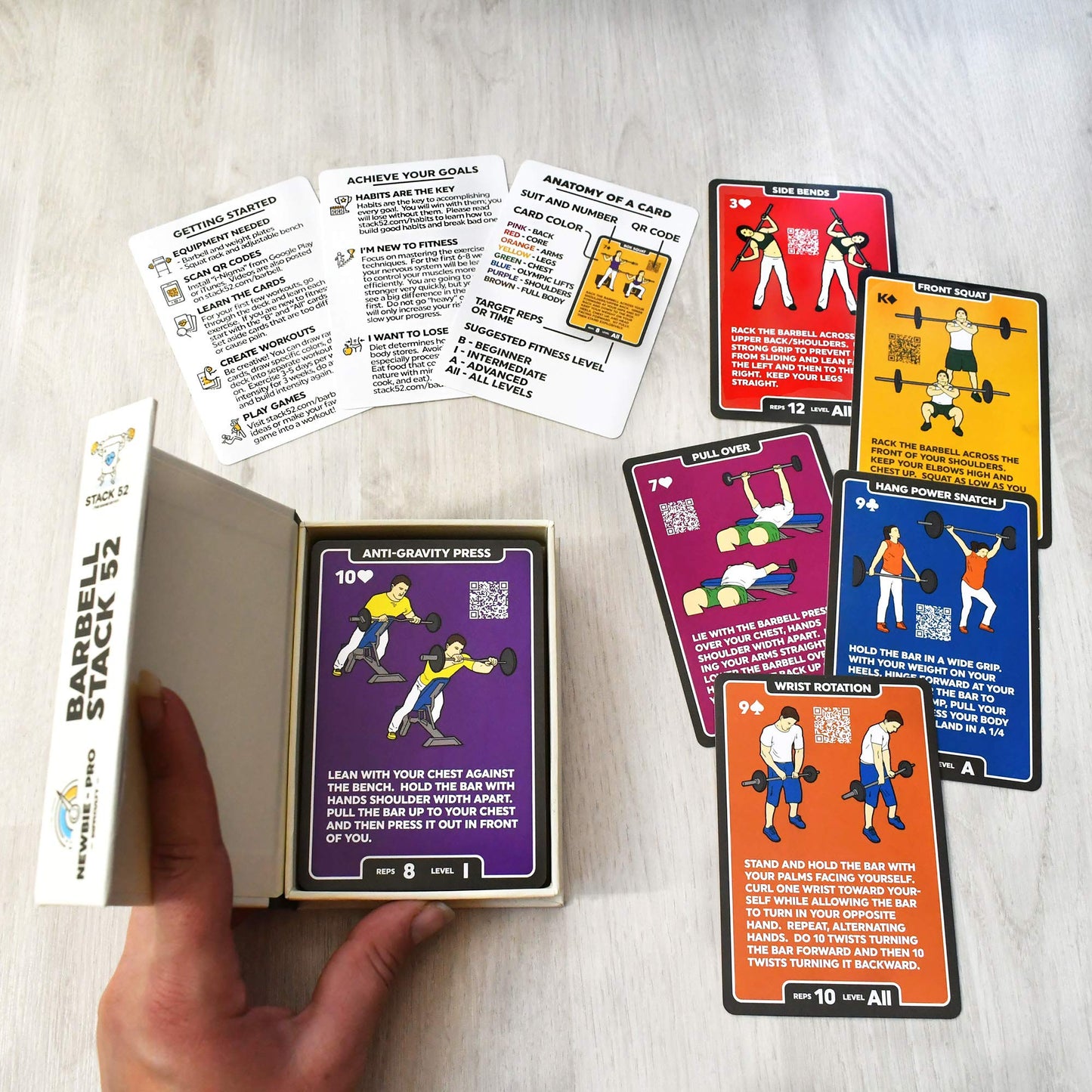 Stack 52 Barbell Exercise Cards. Weight Lifting Playing Card Game. Video Instructions Included. Bodybuilding, Strength Training, and Crossfit Workouts. Home Gym Fitness Program. (2019 Update)