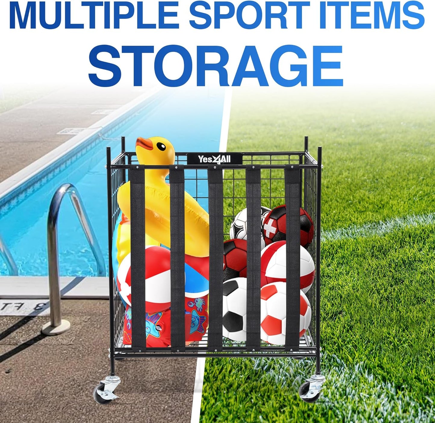 YES4ALL Rolling Ball Cart - Lockable Wheels Sports Equipment Organizer | Ideal for Volleyball & Basketball Storage