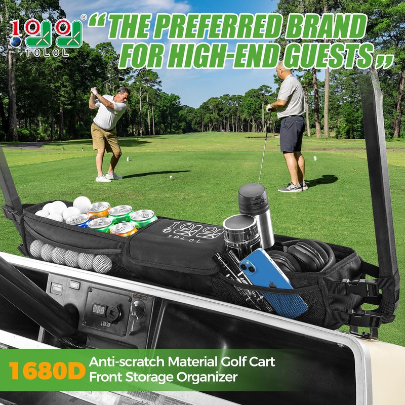10L0L Universal Golf Cart Basket, No-Drilling Front Inner Dash Organizer for Yamaha, EZGO & Club Car, Heavy-Duty 1680D Oxford Fabric Dash Tray with Reinforced PE Support Frame