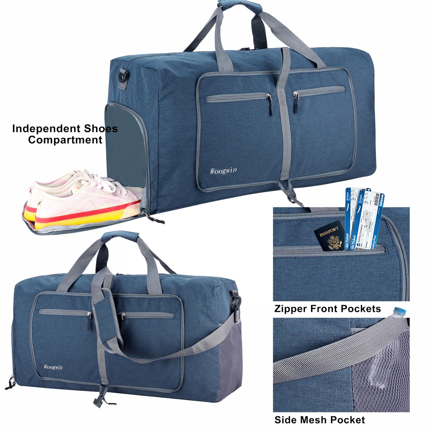 Woogwin Travel Duffel Bag Large Foldable Waterproof Overnight Bag for Beach Swim Bags Pool Sports Gym (60L SnowDarkblue)