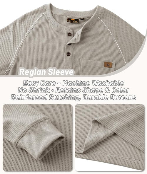 ZITY Long Sleeve Henley Shirts for Men Casual Waffle Thermal Fashion Pullover 3-Button T-Shirt with Pocket,Pumice Stone Gray XL