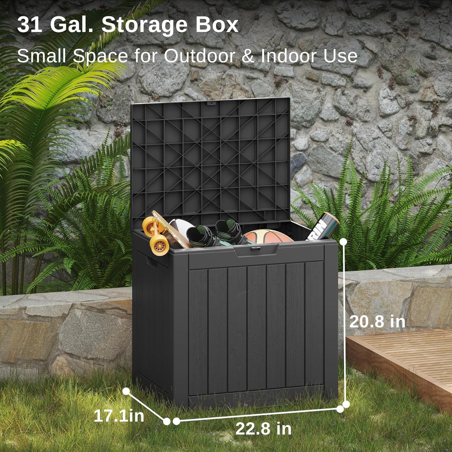 31 Gallon Waterproof Outdoor Storage Box - Lockable Resin Deck Bin for Patio Cushions & Tools - UV Resistant, Black