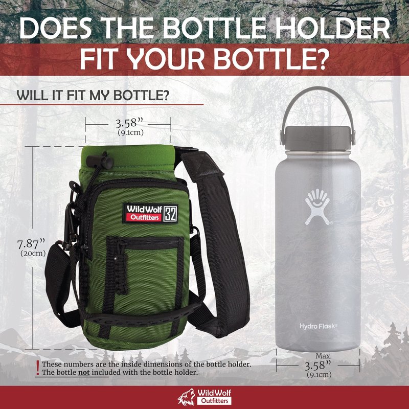 Water Bottle Holder for 32oz Bottles by Wild Wolf Outfitters - Green - Carry, Protect and Insulate Your Best Flask with This Military Grade Carrier w/ 2 Pockets & an Adjustable Padded Shoulder Strap