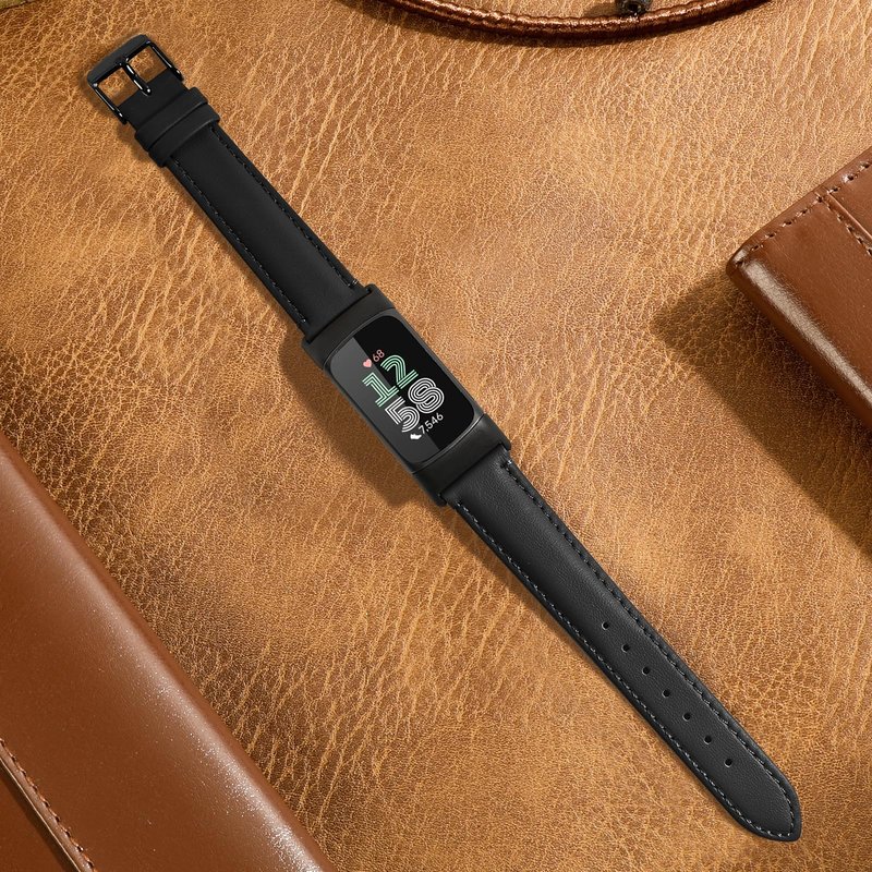 Farluya Leather Watch Bands Compatible with Fitbit Charge 6/Charge 5,Genuine Leather Replacement Straps for Charge 6/Charge 5 Accessories for Women Men.Black
