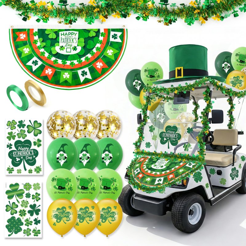 St Patricks Golf Cart Parade Decorations Kit, Car Decor with Giant Leprechaun Hat, Green Metallic Tinsel Garland, Bunting Flag ,Balloons, Shamrock Stickers for Outdoor Holiday