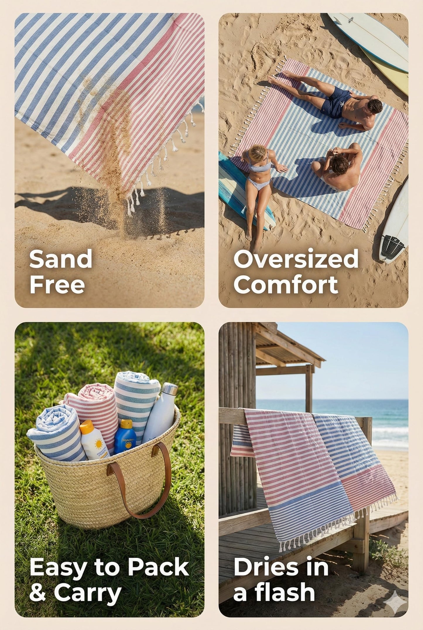 9Threads Cotton Turkish Beach Towel with Towels Oversized 36"x72" Pool Absorbent Extra Large Quick Dry Sand Travel Towel (Dobby Set, 4 Pack)