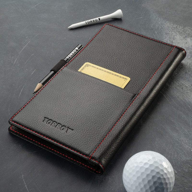 TORRO Large Golf Scorecard Holder – Genuine Leather Pro Golf Score Card Wallet with Card Slot and Pencil (Black with Red Detail)