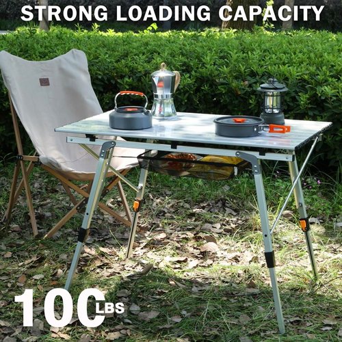 JOUYEK Folding Outdoor Camping Table with Adjustable Legs, Lightweight Aluminum Roll Up Camp Table with Carrying Bag, Mesh Storage Organizer, for Cooking, Picnic, Beach, Backyards, BBQ, Party