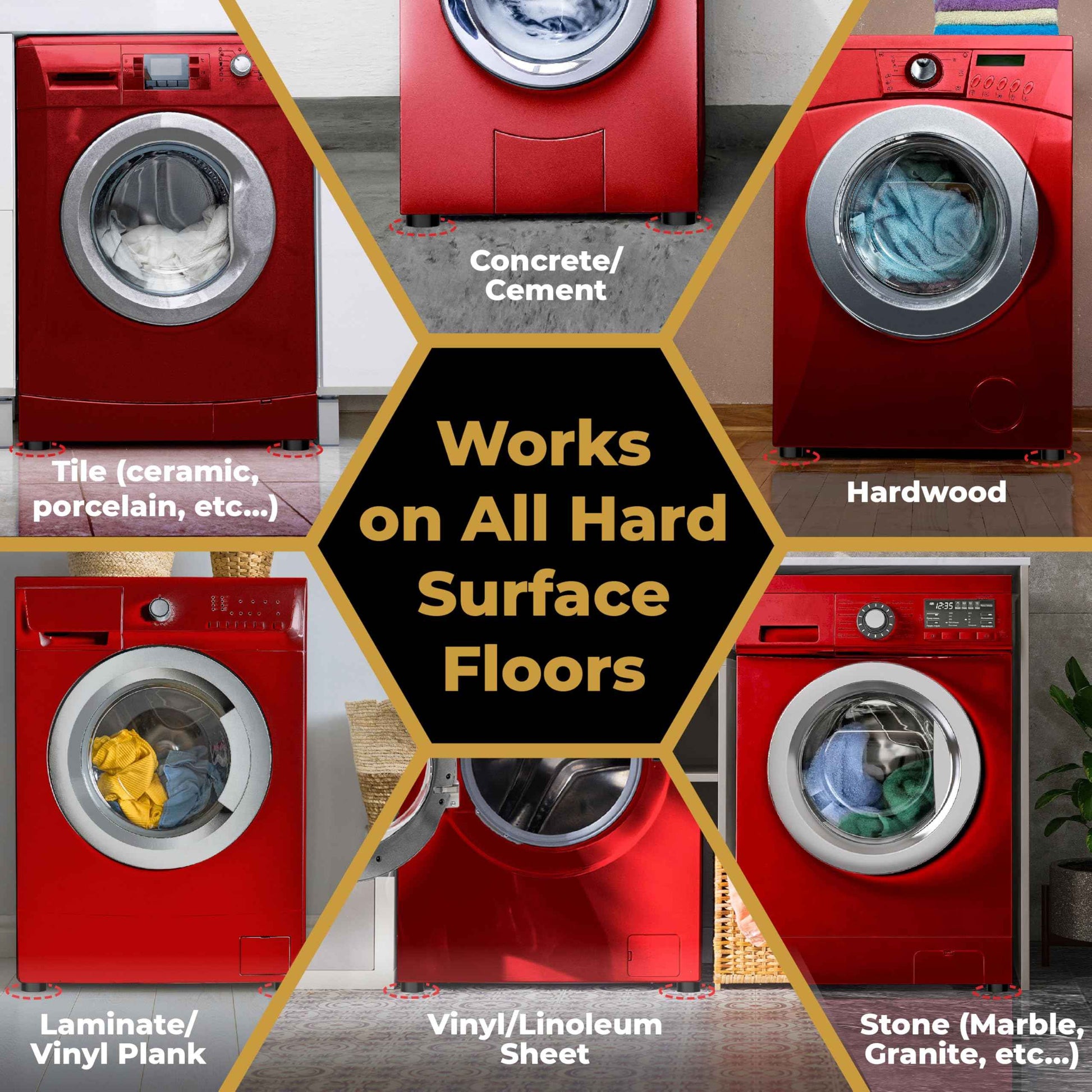 Anti Vibration Pads for Washing Machine with HexaGrip - Stops Washer Dryer Moving, Walking - Prevents Noise, Vibration Transfer - Rubber Antivibration Stabilizer Support Feet Mat - VIBRASHIELD 4 Pack