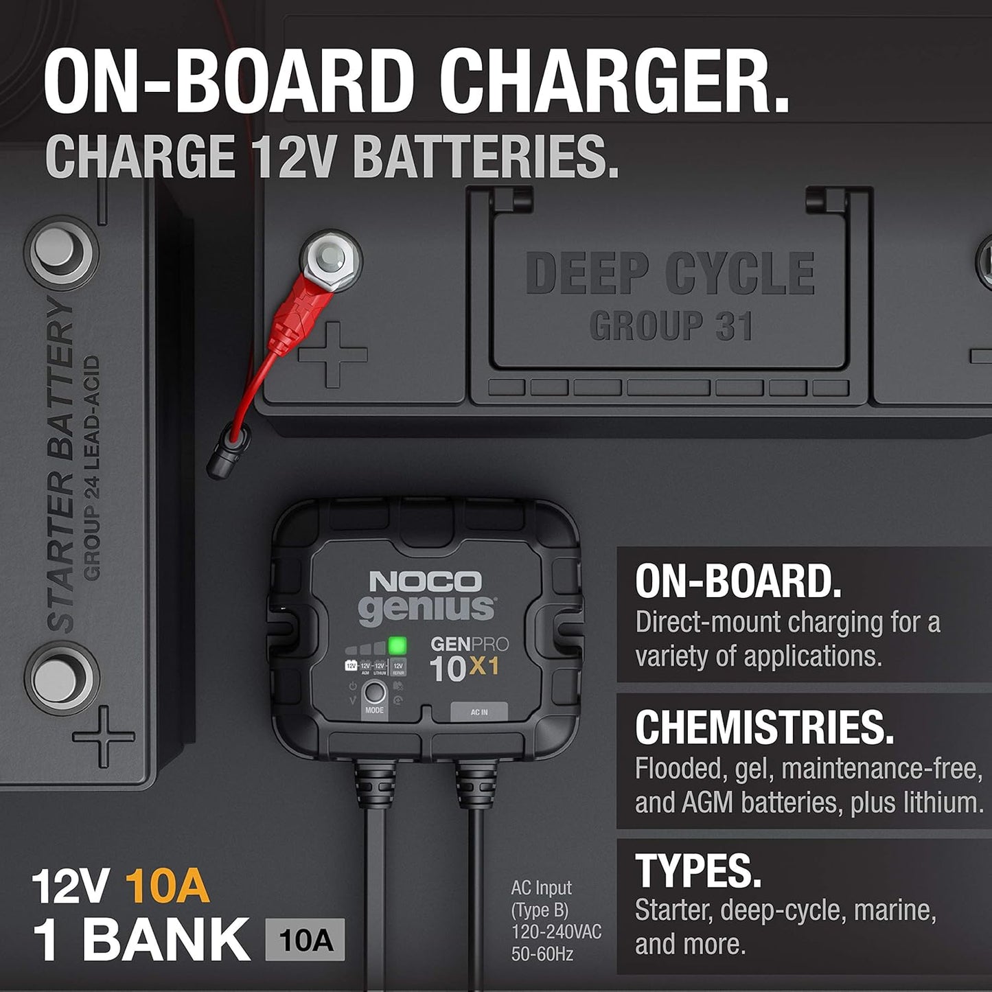 NOCO Genius GENPRO10X1 Onboard Battery Charger - 10A Waterproof 12V Marine Charger with Overcharge Protection & Temperature Compensation