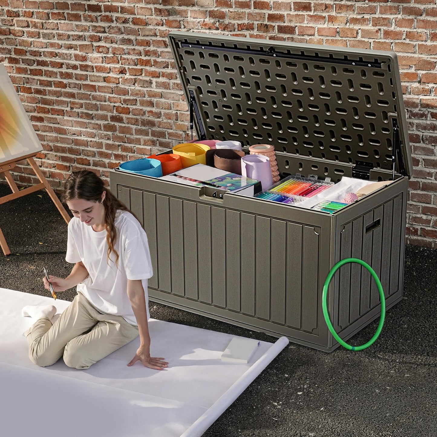 DWVO 90 Gallon Resin Outdoor Storage Box, XXL Double-Wall Waterproof Deck Box, Doubles as Table or Seating with 450 lbs Capacity, Lockable (Light Brown)