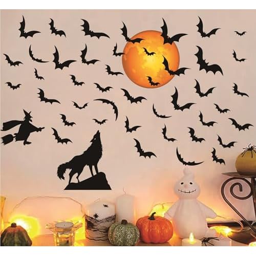 Halloween Moon Wall Decals Witch Bats Decal Removable Peel and Stick Wolf Wall Decals Halloween Party Supplies Decorations