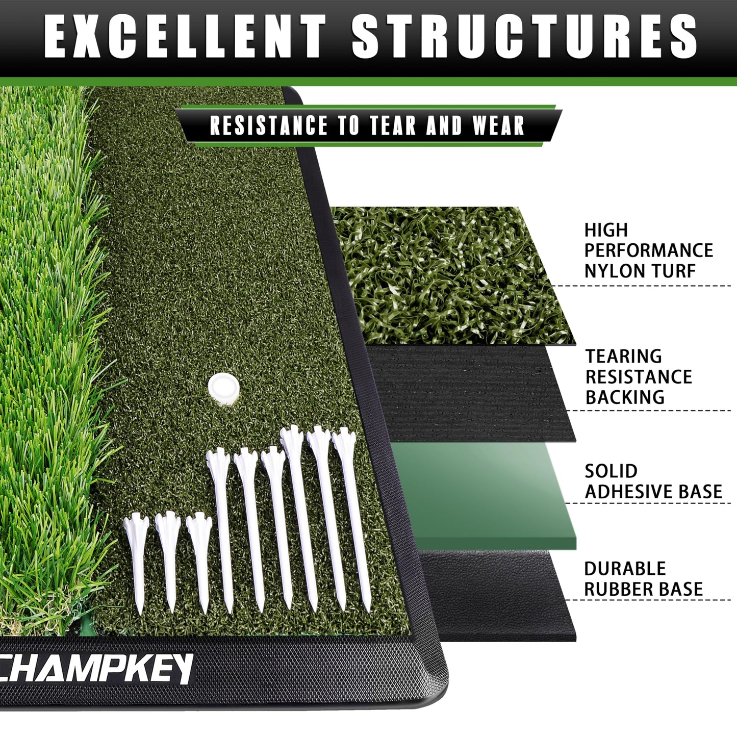 CHAMPKEY Dual-Turf Golf Hitting Mat | Come with 9 Golf Tees & 1 Rubber Tee | Heavy Duty Rubber Backing Golf Practice Mat Ideal for Indoor & Outdoor Training（13"x17", PRO Version）