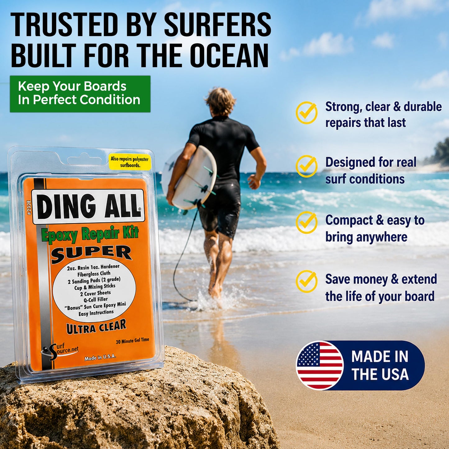 Ding All 3 Oz (84ml) Super Epoxy Repair Kit for Small to Medium Size Epoxy and Polyester Surfboards Repairs
