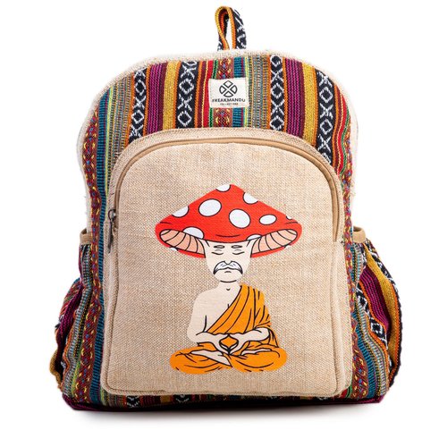 Mushroom Head Hemp Backpack Bag - Eco Friendly Hippie Yak Design Durable Functional Traveling Hiking Friendly Casual Daypack Bag by Freakmandu
