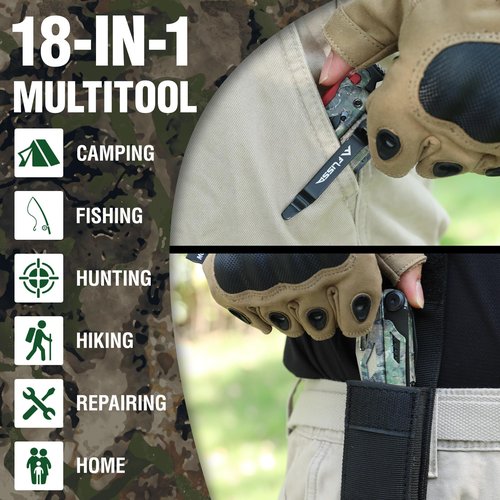 FLISSA Multitool, 18 in 1 Camo Multitool Pliers with Fire Starter, Window Breaker, Whistle, Stainless Steel EDC Gear with Sheath - Perfect for Survival, Simple Repair, Camping