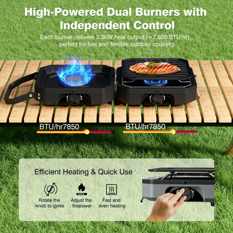 Camping Stove Portable Propane Camp Stove with Independently Adjustable Heat & Carry Bag, Foldable Gas Stove with 2 Burners for Outdoor Cooking,Tailgating & Backyard Gathering,BBQ (Black)