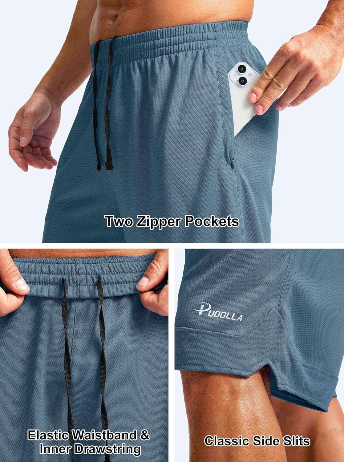Pudolla Men's Basketball Shorts - Lightweight Quick-Dry Athletic Shorts with Zipper Pockets | 11" Length