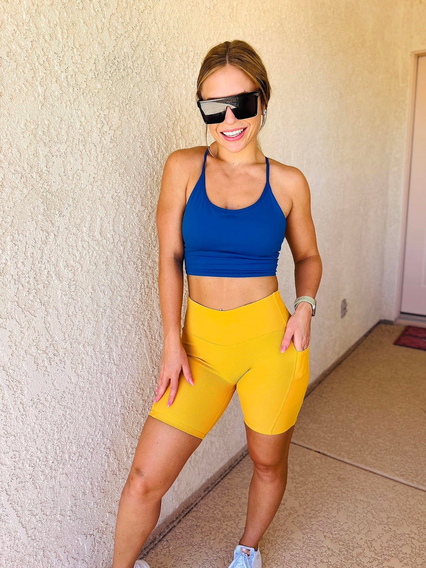 Women's Ribbed Biker Shorts 7" High Waisted Spandex Yoga Shorts with Pockets Workout Running yl m Yellow