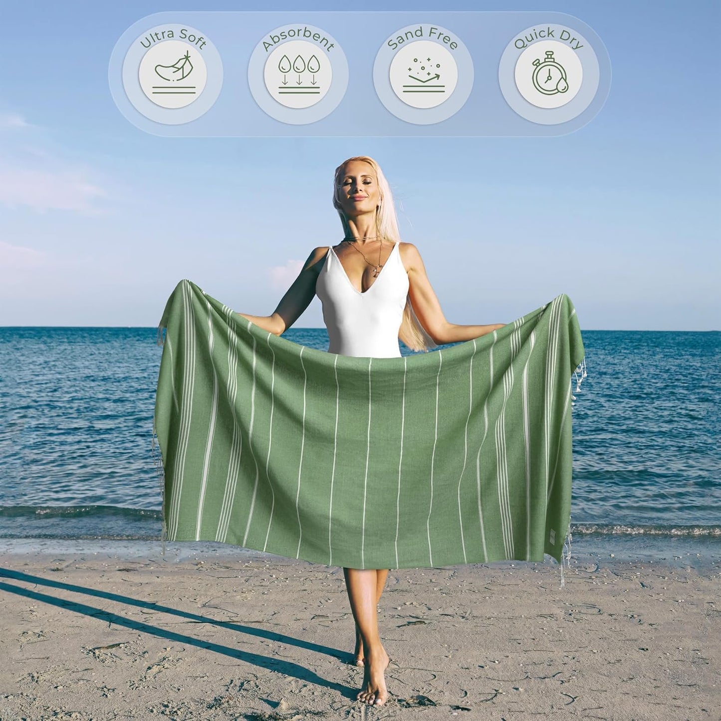 Ossano Turkish Beach Towel - Absorbent & Quick-Dry Oversized (39" x 71") | Versatile Yoga Mat, Picnic & Travel Blanket - Green