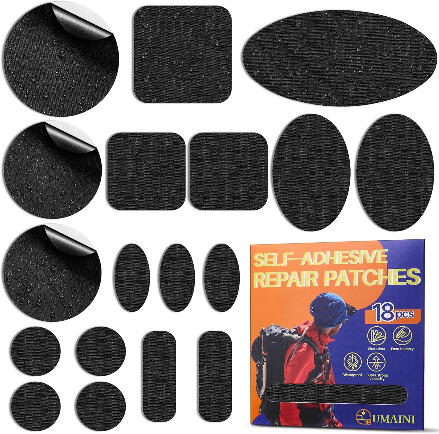 Tenacious Down Jacket Repair Patch Kit - Waterproof Self-Adhesive Fabric Patches (18 Pcs, Black)