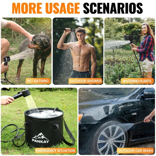 Portable Shower for Camping, 8000mAh Rechargeable Camping Shower Pump with XL Foldable Bucket, IPX8 Waterproof, Surrounding Water Inlet, 5 Pressure Modes Outdoor Shower Pump for Hiking, Travel, Pet